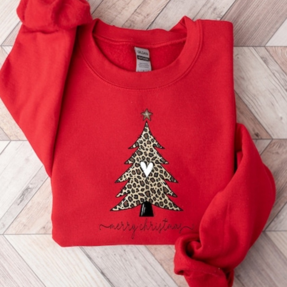 Merry Christmas Sweatshirt with Leopard Tree